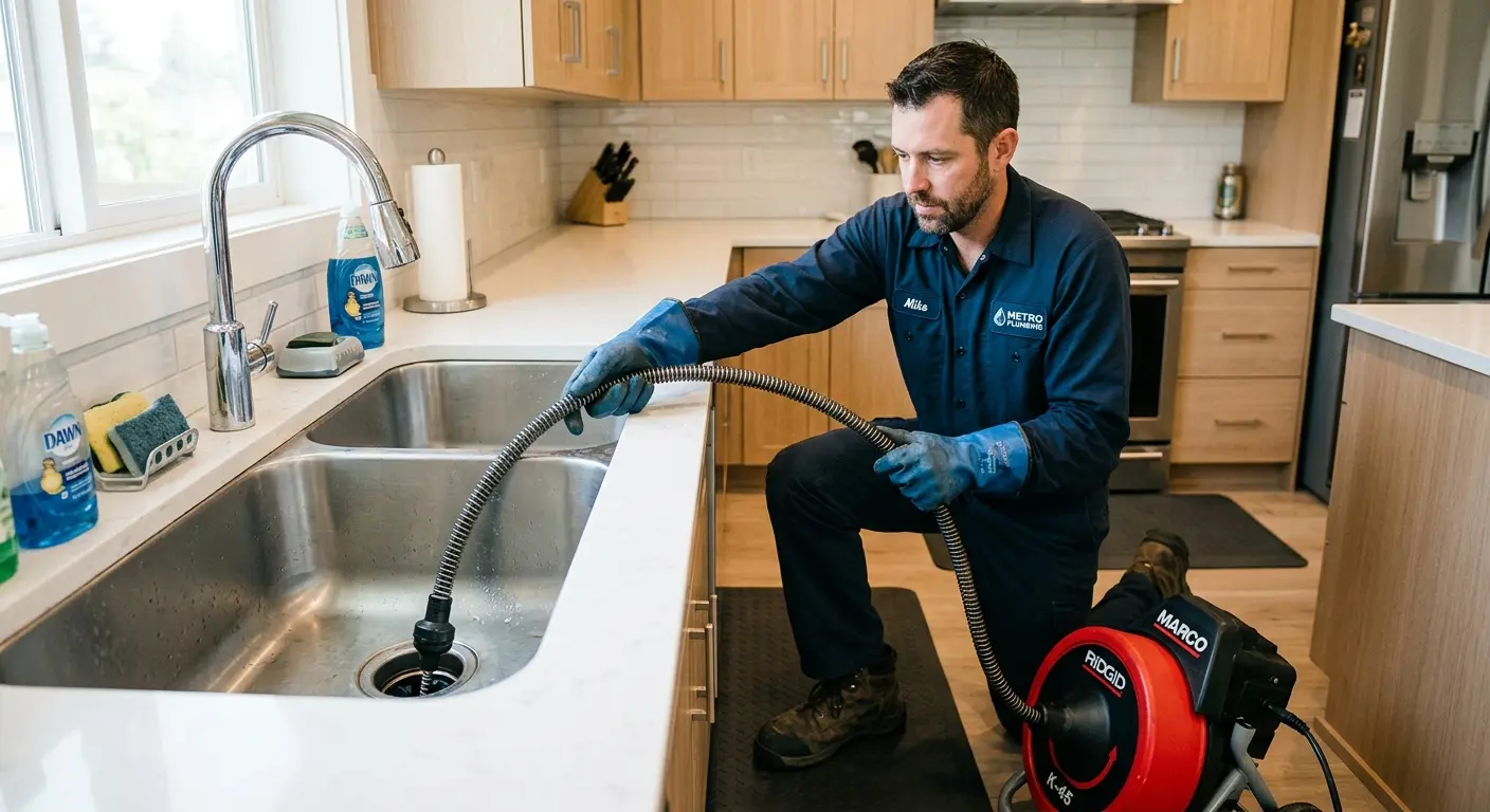 Drain cleaning technician using a motorized snake on a kitchen sink in North Londonderry