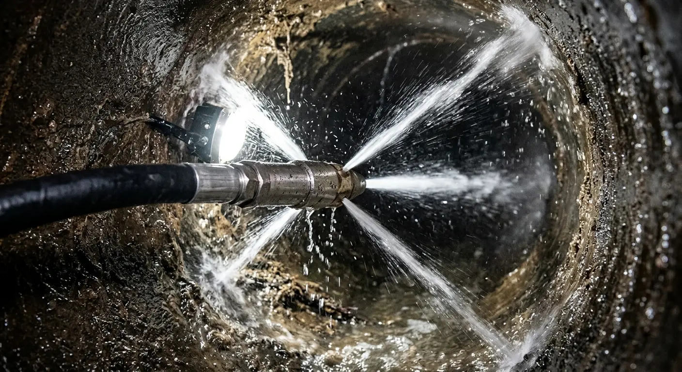 High-pressure hydro jetting nozzle cleaning sewer pipe for Trenchless Sewer Repair in North Londonderry