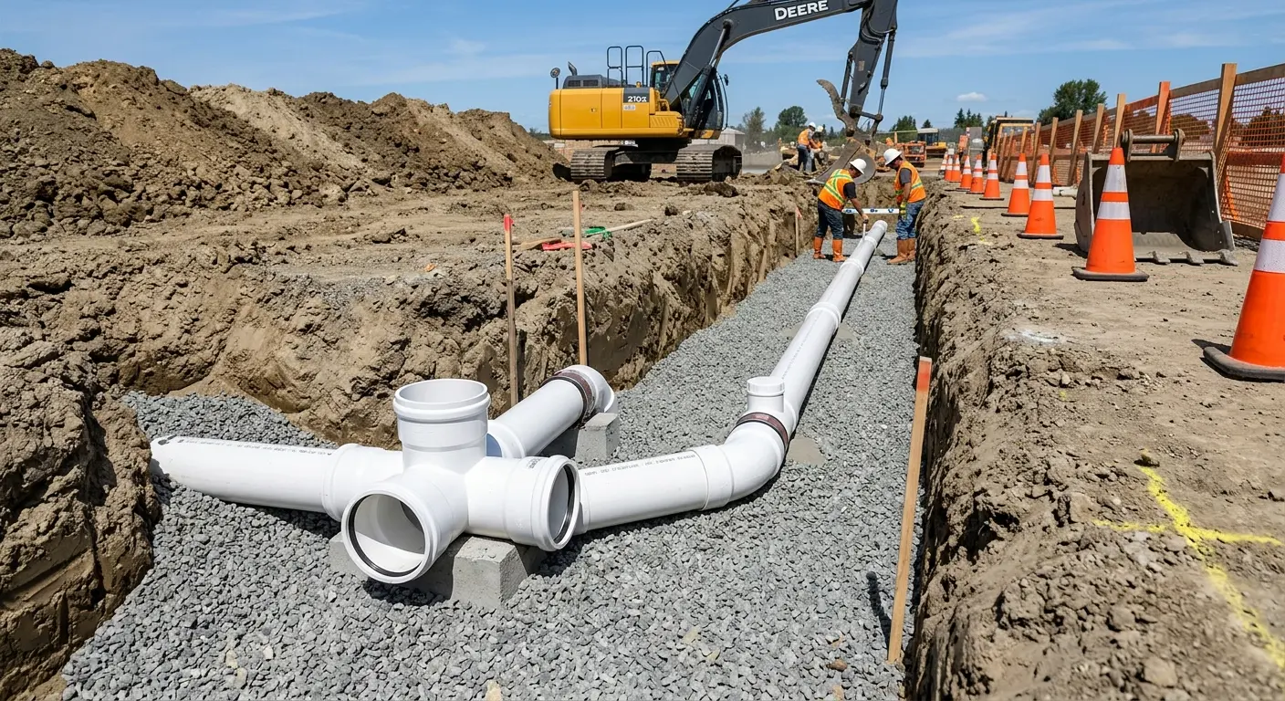New PVC sewer pipe installation in open trench for Sewer Backup in North Londonderry