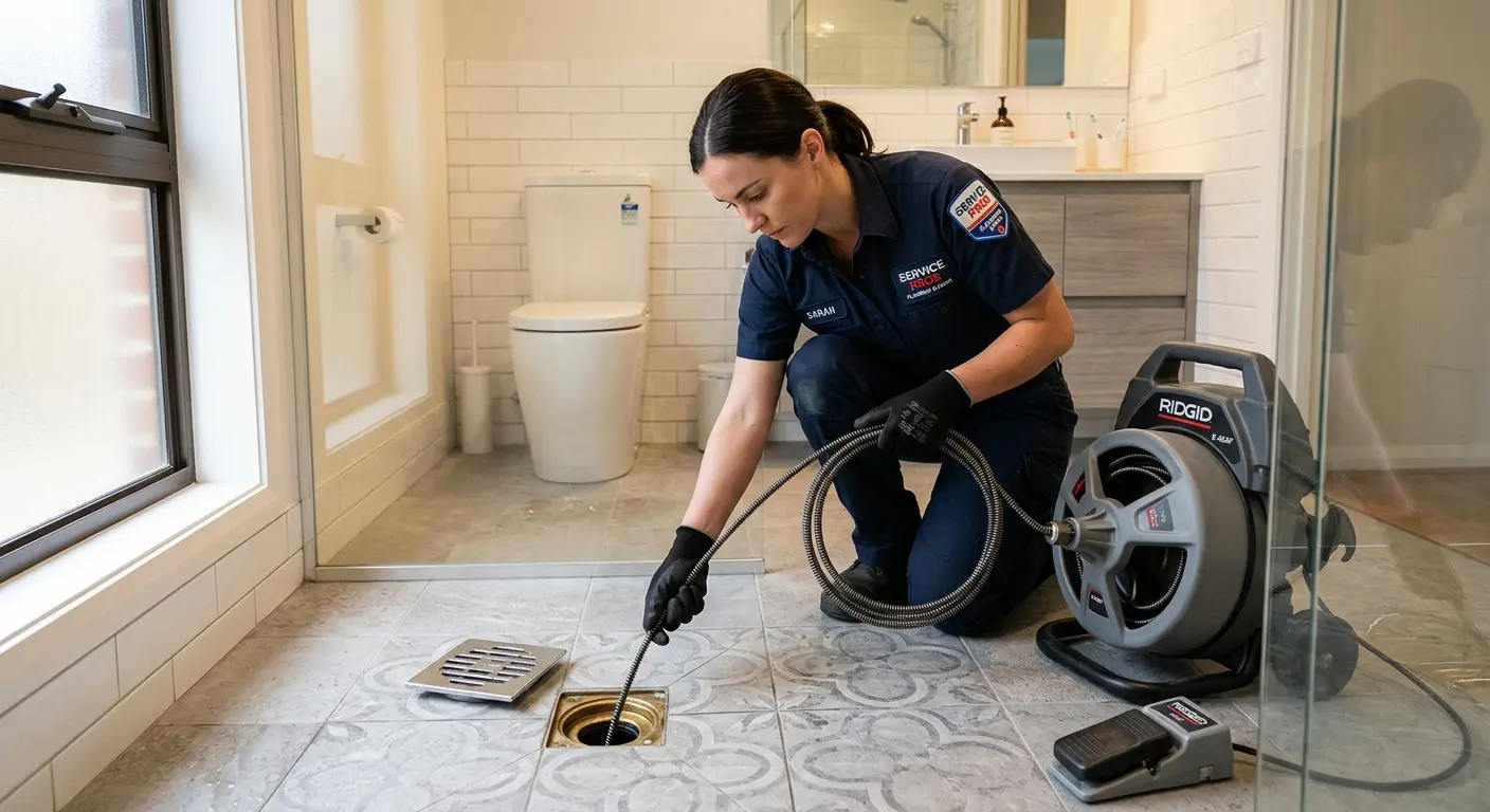 Technician clearing a bathroom floor drain for Sewer Line Replacement in North Londonderry